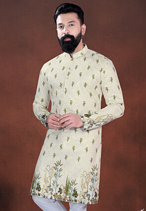 Digital Printed Cotton Kurta in Cream