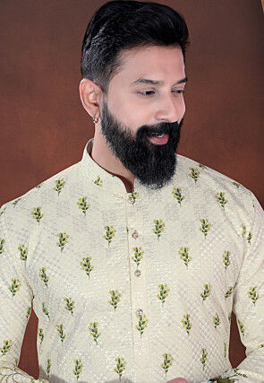 Digital Printed Cotton Kurta in Cream