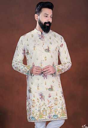 Digital Printed Cotton Kurta in Cream