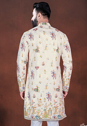 Digital Printed Cotton Kurta in Cream