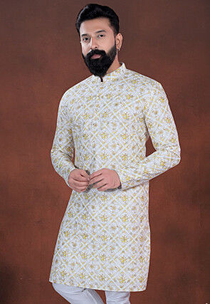 Digital Printed Cotton Kurta in Cream