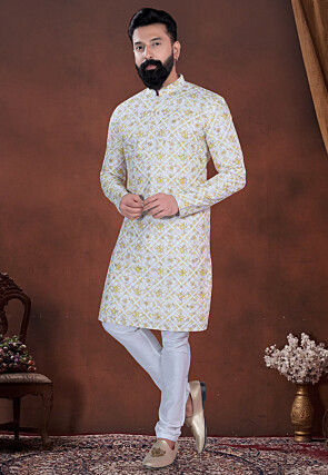 Digital Printed Cotton Kurta in Cream