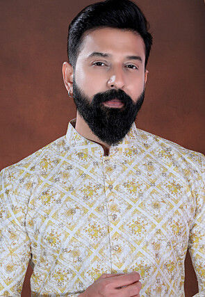 Digital Printed Cotton Kurta in Cream