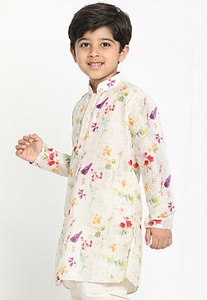Digital Printed Cotton Kurta in Cream