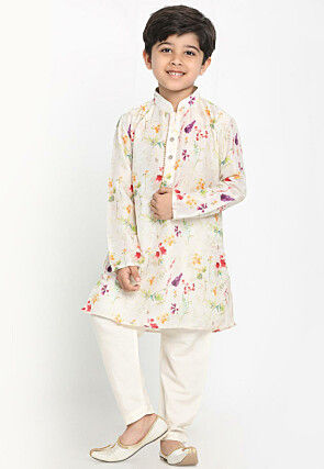 Digital Printed Cotton Kurta in Cream