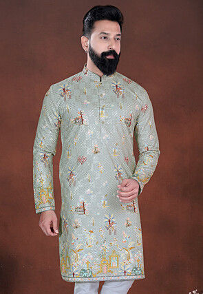Digital Printed Cotton Kurta in Dusty Green
