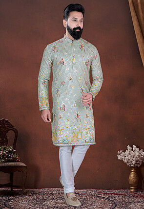 Digital Printed Cotton Kurta in Dusty Green