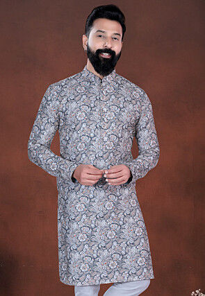 Digital Printed Cotton Kurta in Grey