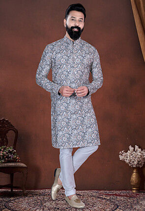 Digital Printed Cotton Kurta in Grey