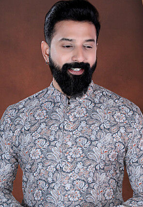 Digital Printed Cotton Kurta in Grey