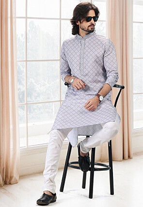 Digital Printed Cotton Kurta in Grey
