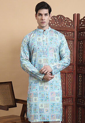 Digital Printed Cotton Kurta in Light Blue