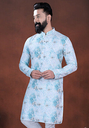 Digital Printed Cotton Kurta in Light Blue