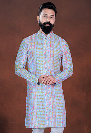 Digital Printed Cotton Kurta in Light Blue