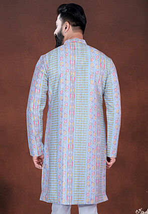 Digital Printed Cotton Kurta in Light Blue