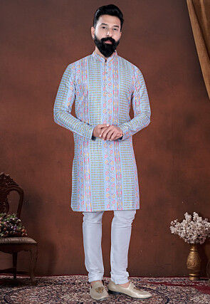 Digital Printed Cotton Kurta in Light Blue