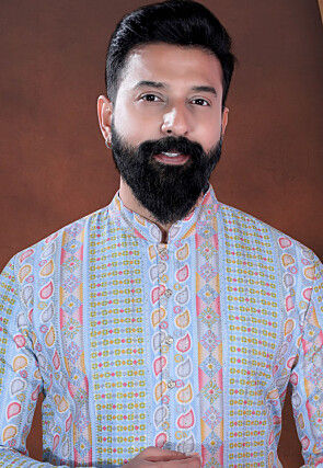 Digital Printed Cotton Kurta in Light Blue