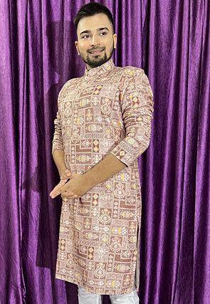 Digital Printed Cotton Kurta in Light Brown