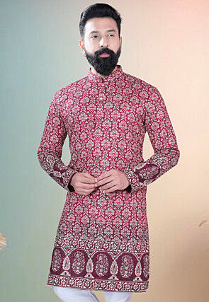 Digital Printed Cotton Kurta in Maroon