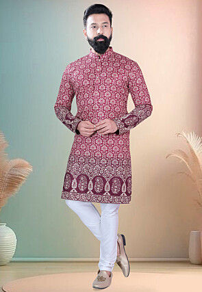Digital Printed Cotton Kurta in Maroon