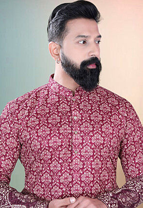 Digital Printed Cotton Kurta in Maroon