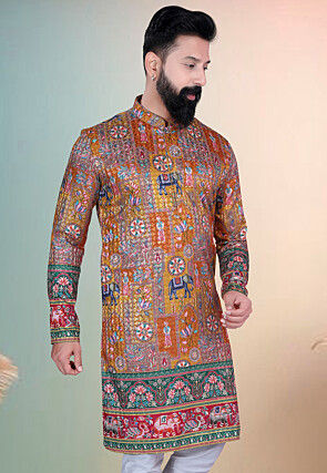 Digital Printed Cotton Kurta in Mustard