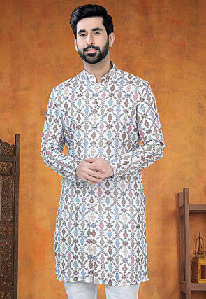 Digital Printed Cotton Kurta in Off White and Multicolor