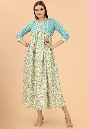 Digital Printed Cotton Kurta in Off White and Sky Blue