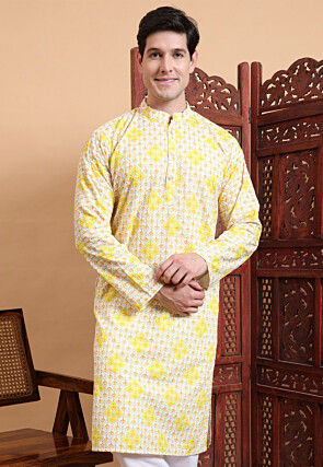 Digital Printed Cotton Kurta in Off White