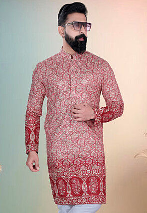 Digital Printed Cotton Kurta in Old Rose