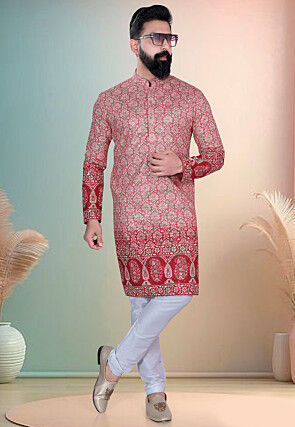 Digital Printed Cotton Kurta in Old Rose