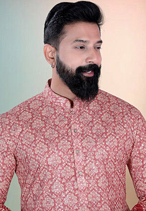 Digital Printed Cotton Kurta in Old Rose