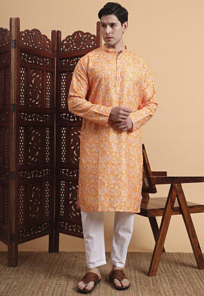Digital Printed Cotton Kurta in Orange