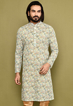 Digital Printed Cotton Kurta in White