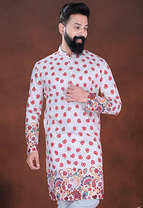 Digital Printed Cotton Kurta in White