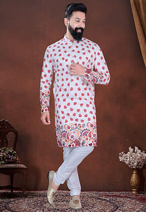Digital Printed Cotton Kurta in White
