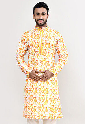 Digital Printed Cotton Kurta in Yellow
