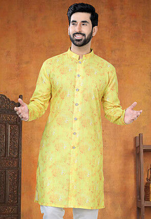 Digital Printed Cotton Kurta in Yellow