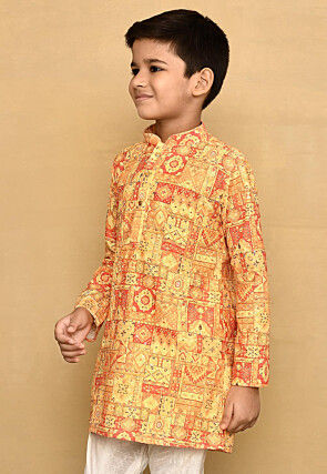 Digital Printed Cotton Kurta in Yellow