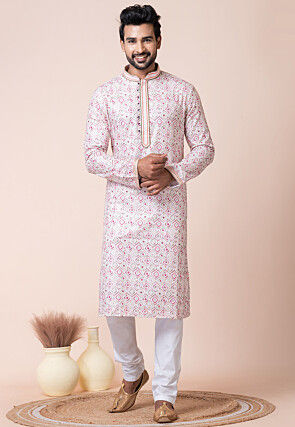 Digital Printed Cotton Kurta Set in Baby Pink