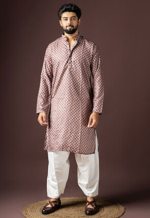 Digital Printed Cotton Kurta Set in Beige