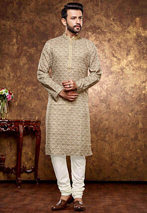 Digital Printed Cotton Kurta Set in Beige