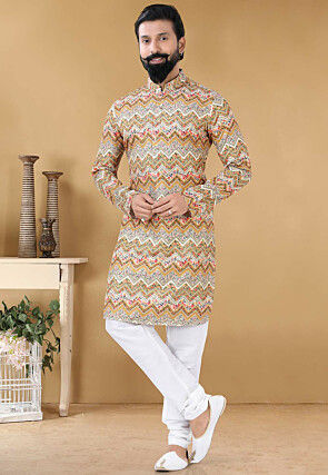 Digital Printed Cotton Kurta Set in Beige
