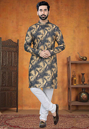 Digital Printed Cotton Kurta Set in Black and Yellow