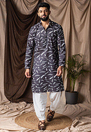 Digital Printed Cotton Kurta Set in Black