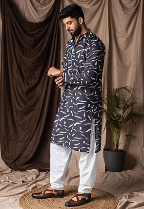 Digital Printed Cotton Kurta Set in Black