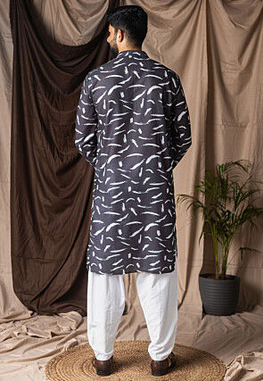 Digital Printed Cotton Kurta Set in Black