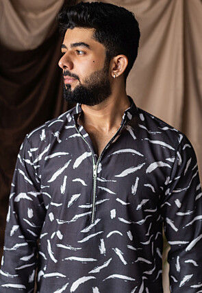 Digital Printed Cotton Kurta Set in Black