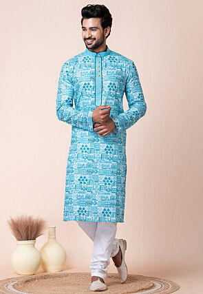 Digital Printed Cotton Kurta Set in Blue