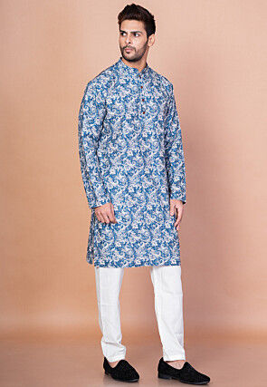 Digital Printed Cotton Kurta Set in Blue